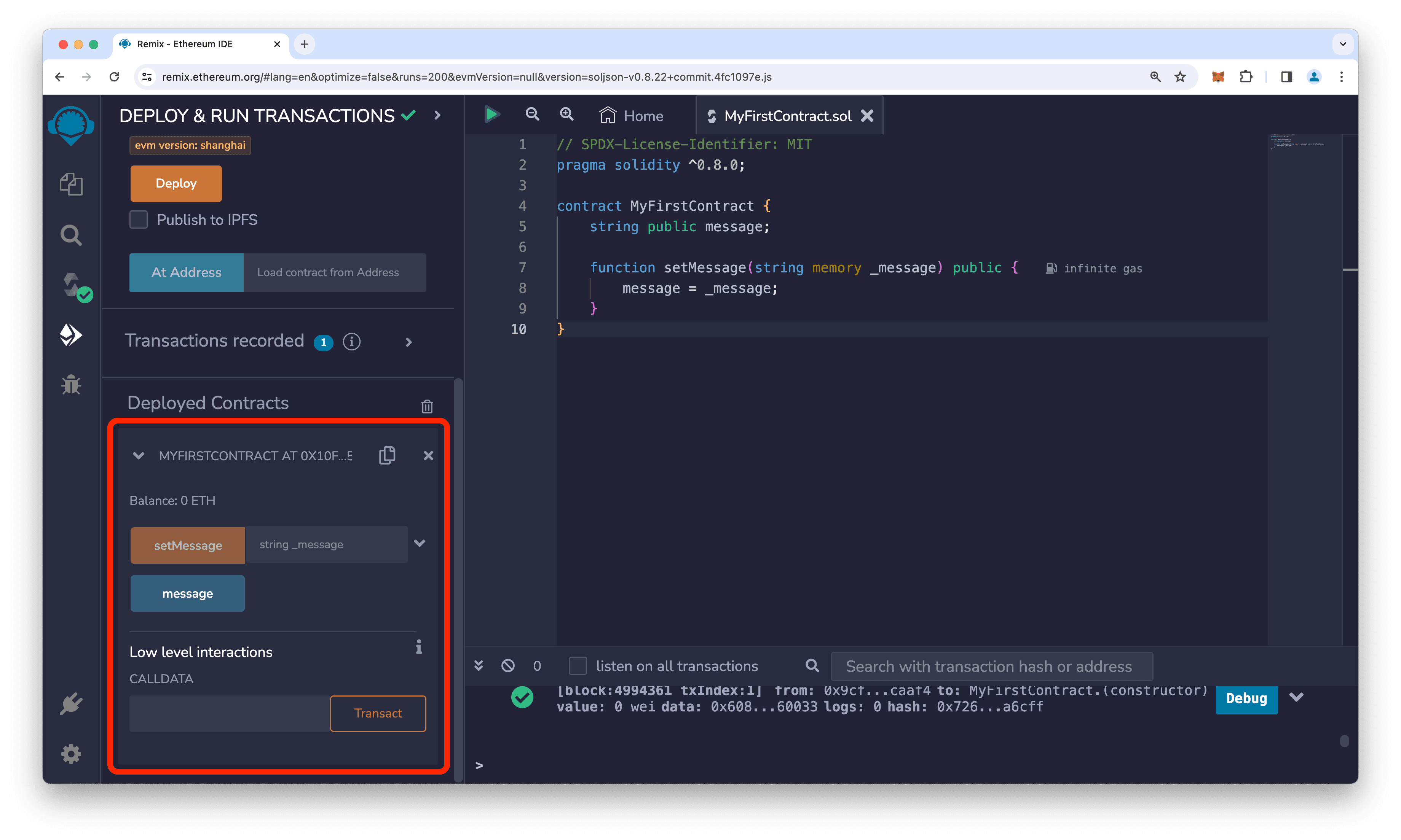 Remix window with the deployed contract area highlighted.