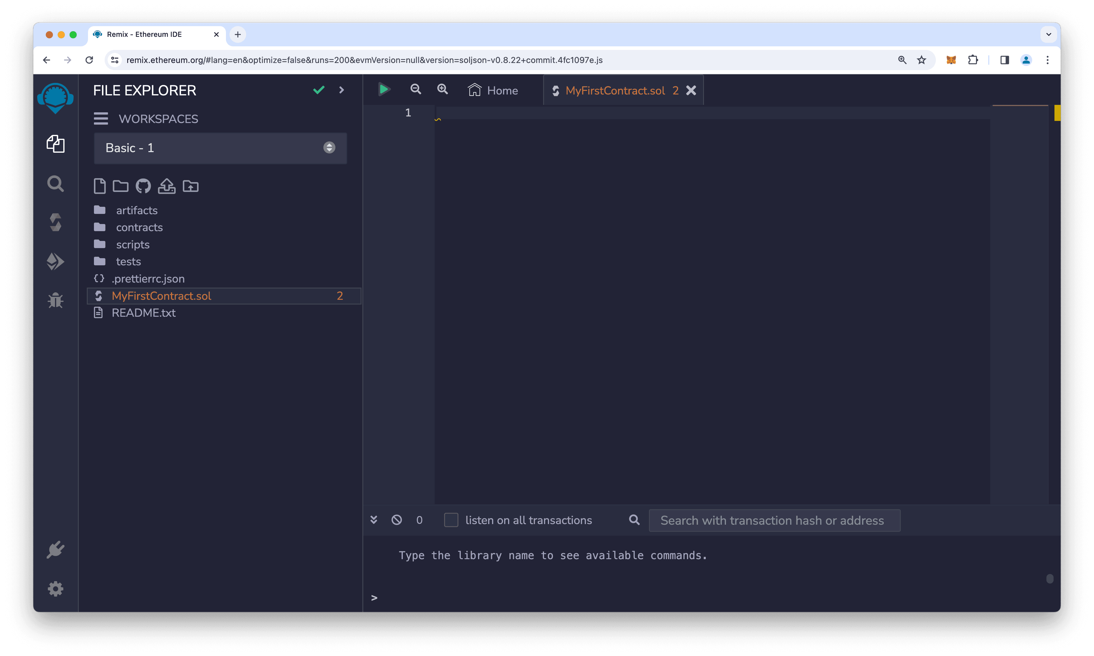 Remix window displaying the empty MyFirstContract file.